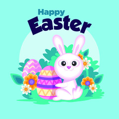 Happy Easter. Easter cartoon smiling bunny with easter egg in light blue background