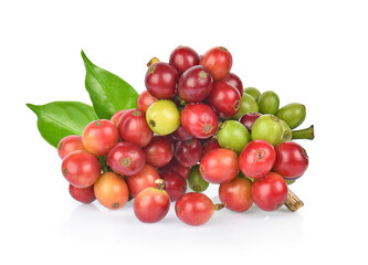 fresh coffee beans with leaf on white background