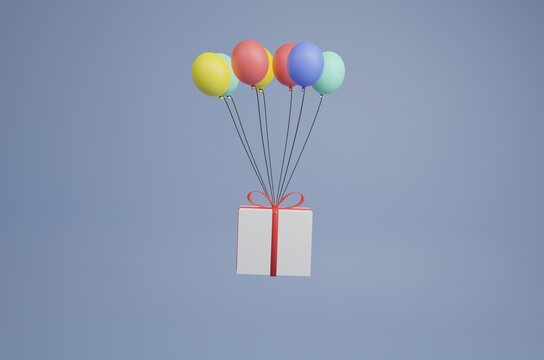 3d rendering flying gift box with balloons