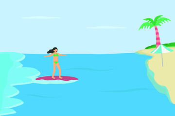 Fototapeta na wymiar Summer holiday vector concept: Young woman surfing in the beach while enjoying summer holiday