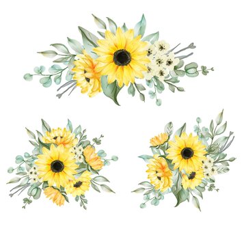 sunflower bouquet arrangement for wedding watercolor illustration