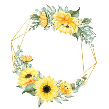 flower wreath geometry frame sunflower watercolor illustration