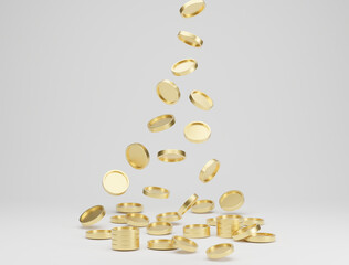 Gold coins falling or flying on white background. Jackpot or casino poke concept. 3d rendering.