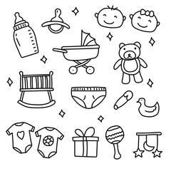 Set of newborn baby doodle vector illustration isolated on white background