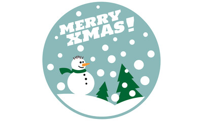 Snowman with green scarf in the snow during a snowfall. Inscription Merry Christmas above