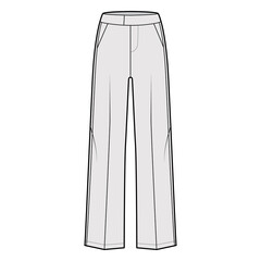 Pants tuxedo technical fashion illustration with extended low waist, rise, full length, slant pockets, side satin stripe. Flat trousers bottom apparel template grey color. Women, men unisex CAD mockup