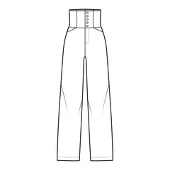 Pants high-waisted technical fashion illustration with full length, pockets, bottom closure, round pockets. Flat trousers bottom apparel template front, white color. Women, men, unisex CAD mockup