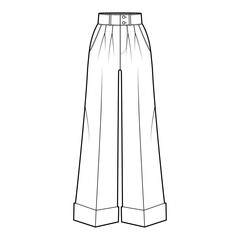 Pants oxford tailored technical fashion illustration with normal waist, high rise, full length, double pleat, slant jetted pockets. Flat template front, white color. Women men unisex CAD mockup