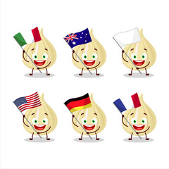 New garlic cartoon character bring the flags of various countries
