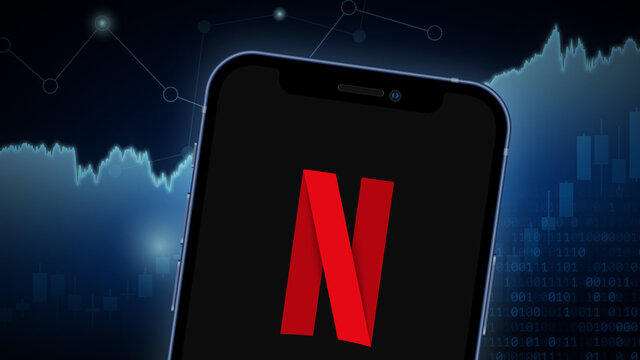 Netflix stock market vector illustration, with iPhone splash screen. Neutral blue.