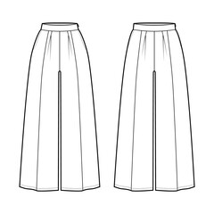 Set of Pants gaucho technical fashion illustration with low normal waist, high rise, single pleat, ankle cropped length. Flat trousers apparel template white color. Women, men, unisex CAD mockup