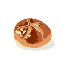 Whole rye bread of round shape. Freshly baked nutritious pastry product. Traditional brown rustic loaf flat vector illustration on white background