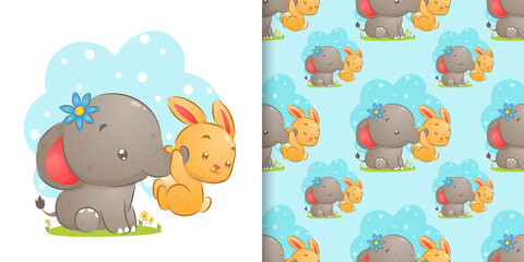 The watercolor of the seamless pattern of the rabbit holding the elephant's trunk
