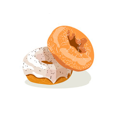Tasty glazed donuts. Fast food sweet dessert covered with white glaze and sprinkles. Traditional freshly baked breakfast and lunch pastry product flat vector illustration on white background