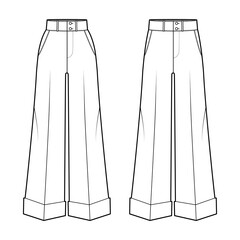 Set of Pants oxford tailored technical fashion illustration with normal low waist, high rise, full length, slant jetted pockets. Flat trousers apparel template front white color. Women men CAD mockup