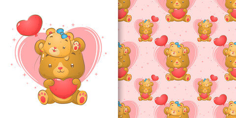 The cute bear with the baby bear holding the heart balloons in the seamless