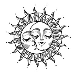 Heavenly sun and crescent moon with face, hand drawn engraving graphic stylization. Astrological vector illustration for witch, witchcraft, zodiac and horoscope. Vintage design.