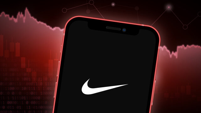 Nike stock market vector illustration, with iPhone splash screen. Bearish red.
