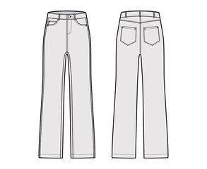 Jeans Denim pants technical fashion illustration with full length, low waist, rise, 5 pockets, Rivets, loops. Flat bottom apparel template front, back, grey color style. Women, men, unisex CAD mockup
