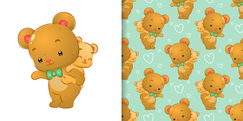 The pattern set watercolor of the big bear carry up the little bear on his back