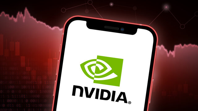 Nvidia stock market vector illustration, with iPhone splash screen. Bearish red.