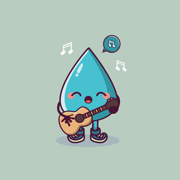 cute water drop cartoon character holding guitar and singing
