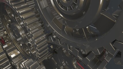 Mechanism black-red gears and cogs at work on spot light background. Industrial machinery. 3D illustration. 3D high quality rendering. 3D CG.