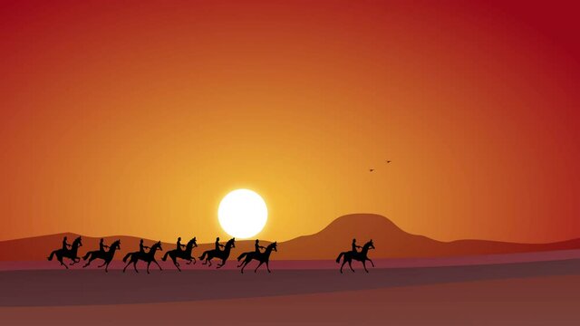 Horse ride silhouetted against sky as the sun sets sun rise. Horse riders on an open field with a mountain range in the background. Group horse ride animation