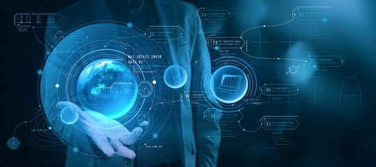 Augmented reality with space infographics on a palm.