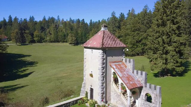 View Of Remains of Medieval Hunting Lodge In Masun. Aerial Pedestal Down