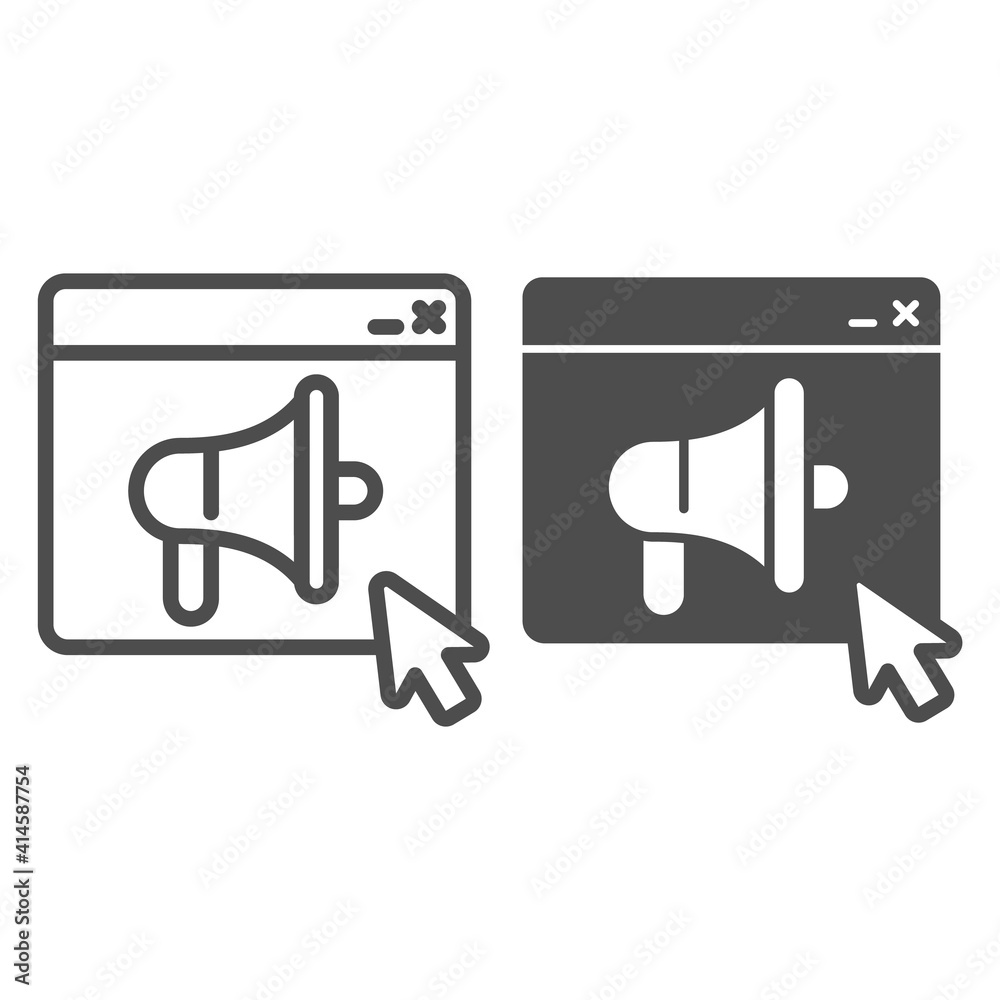 Poster program window and loudspeaker line and solid icon, web security concept, web site and megaphone sig