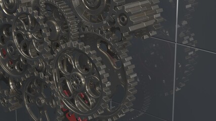 Mechanism black-red gears and cogs at work on spot light background. Industrial machinery. 3D illustration. 3D high quality rendering. 3D CG.