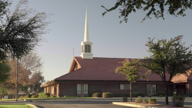 LDS Church Building with White Spire during Sunrise (Wide Angle Exterior Static 4K)