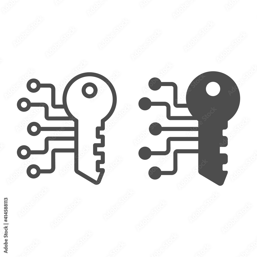 Poster digital key with network line and solid icon, web security concept, data security sign on white back