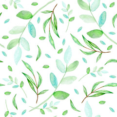 Easter watercolor seamless pattern with green spring leaves and branches