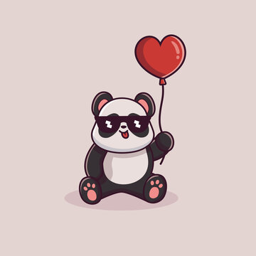 cute panda vector holding hearth baloon