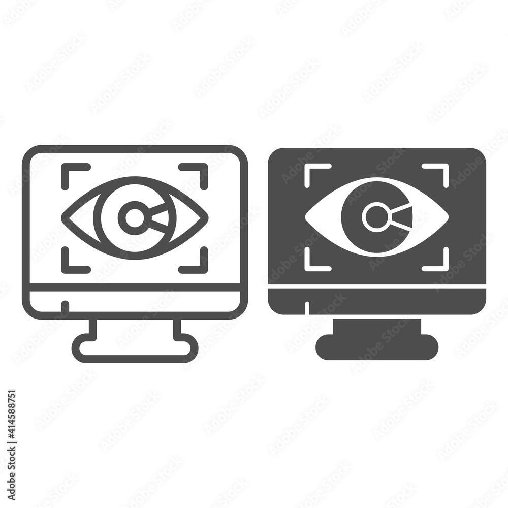 Poster monitor with eye line and solid icon, web security concept, cyber eye symbol on white background, ap