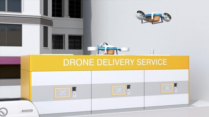 Delivery drone landing on a launch pad and transfer package to the delivery box. Last one mile concept. 3D rendering animation. - Powered by Adobe