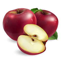 Two red apples and a half on white background.