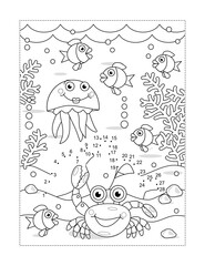 Amphorae connect the dots full page picture puzzle and coloring page, underwater life themed, with carb, fish, jellyfish, seabed, algae
