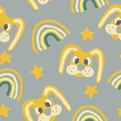 cute rabbit, bunny, Easter, stars and rainbow seamless pattern in trending color 2021. vector hand drawn. childrens wallpaper, textiles, decor. gray, gold, yellow.