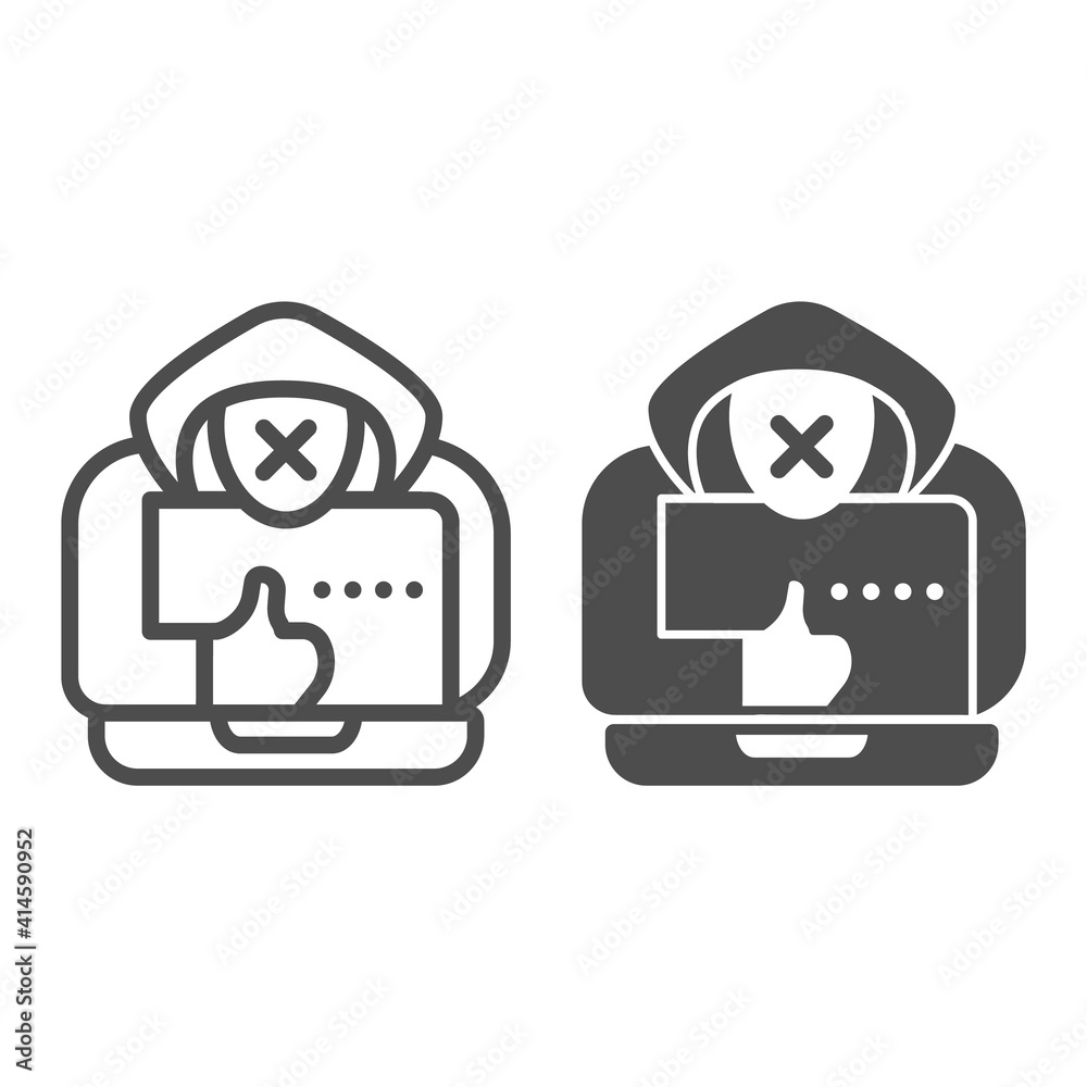 Poster hacker with a laptop line and solid icon, web security concept, anonymous agent with thumb up and la