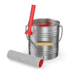 roller brush and can with colour on white background. Isolated 3D illustration