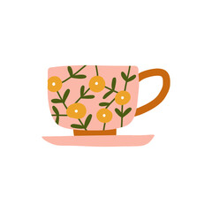 Pink Tea cup or mug with spring flower illustration