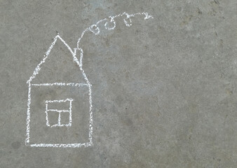 house is drawn with chalk on the asphalt. children creativity, summer, housing, family, mortgage, rent. banner with place for text, copy space, home
