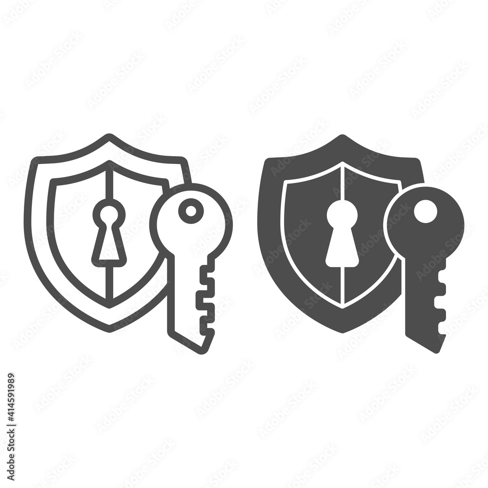 Poster emblem with keyhole and key line and solid icon, web security concept, data security sign on white b