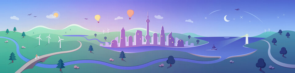 Panoramic Landscape of the Great Outdoors - a large horizontal scene with beautiful scenery and activities such as cycling, sailing and hot air ballooning. Day moves seamlessly into night. © ToivoMedia