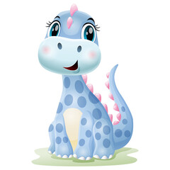 Cartoon cute baby dinosaur sitting in the grass