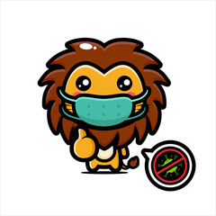 vector design of cute lion cartoon wearing a mask against the virus