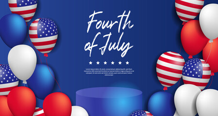 4th july of usa, american independence day ceremonial with podium product display and colorful balloon party celebration poster banner template